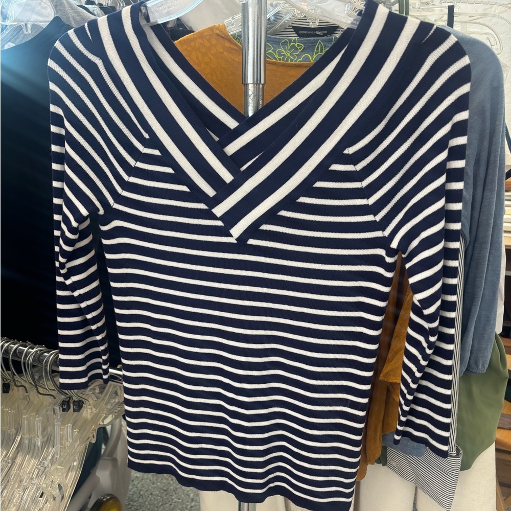 White House Black Market Navy and White Striped V-Neck 3/4 Sleeve Top